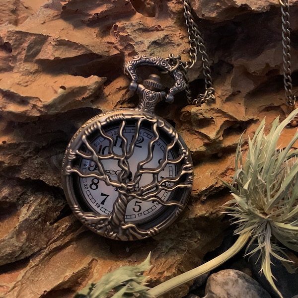 Tree of Life Quartz Pocket Watch, Wicca Watch, Pentagram Watch Necklace