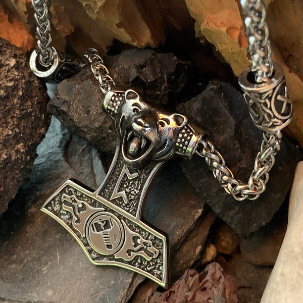 Norse Viking Pendant Necklace Wolf Thor's Hammer Mjölnir Scandinavian odin amulet Futhark Rune