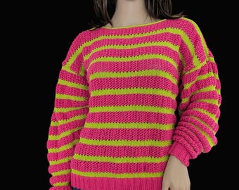 Casual sweater striped fuchsia lime green pattern mix size 38/40 S/meter pure cotton