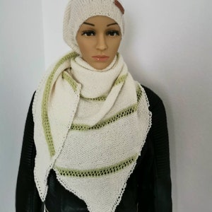 Gebreide Driehoek Kanten Sjaal Merino Babywol Wol Wit Appelgroen Gestreept