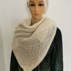 Knit Triangle Lace Shawl Scarf Off White Royal Alpaca Wool
