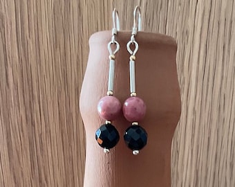 Faceted pink rhodonite, black agate earrings made with sterling silver and gold filled beads and findings, black pink birthstone jewellery