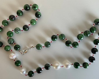 Ruby zoisite, fresh water pearls and Swarovski AB bicones handknotted necklace made with sterling silver findings, splash of colour