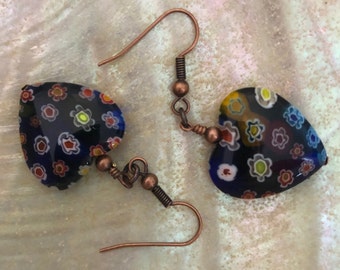 Millefiore heart shaped earrings, drop earrings, dangle multicoloured earrings, minimalist boho dainty earrings, everyday earrings