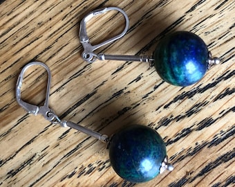 Chrysocolla and sterling silver earrings, gemstone minimalist boho earrings, dangle earrings, drop earrings, birthstone earrings
