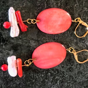 Pink mother-of-pearl, salmon pink branch coral and white keshi pearls earrings, gemstone statement earrings, dangle and drop earrings