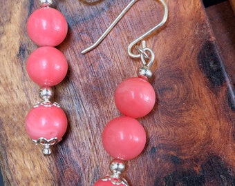 Salmon pink coral and sterling silver earrings, gemstone dangle and drop earrings, minimalist boho statement earrings, birthstone