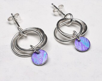 Purple and turquoise anodised aluminium and 3 silver interlinked hoop earrings