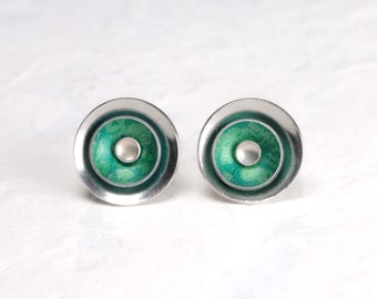 Silver and green hand printed aluminium interchangeable stud earrings - 3 layers