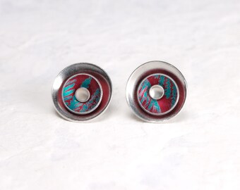Silver, red and turquoise blue 3 layer interchangeable stud earrings