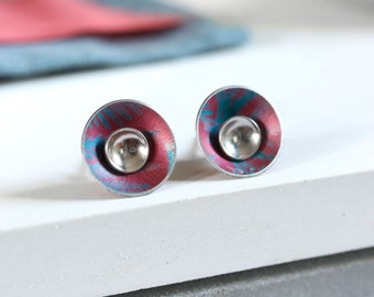 Pink and blue interchangeable silver stud earrings - medium