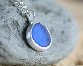 Light cobalt blue sea glass and silver minimalist pendant necklace