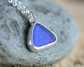 Royal blue sea glass minimalist silver necklace