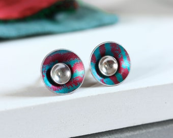 Burgundy red and turquoise interchangeable silver stud earrings - medium