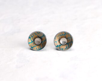 Teal green and orange interchangeable silver stud earrings - small