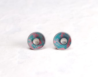 Pink and turquoise blue interchangeable silver stud earrings - small