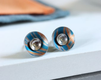 Teal green and orange interchangeable silver stud earrings - medium