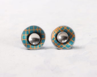 Teal and orange interchangeable silver stud earrings - medium