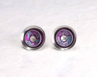 Silver magenta pink and blue 3 layer interchangeable stud earrings