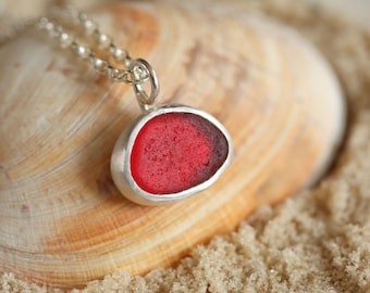 Red sea glass silver minimalist pendant necklace