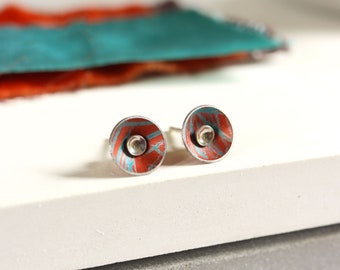 Orange and turquoise interchangeable silver stud earrings - small