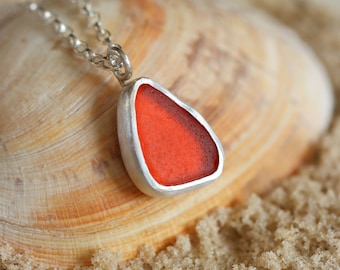 Bright orange sea glass silver necklace