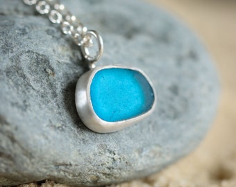 Aqua blue sea glass minimalist silver necklace