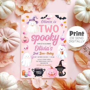 Spooky 2nd Birthday Invitation: Pink Ghost Halloween Party (Digital Download 5x7&quot; JPG, PDF, PNG)