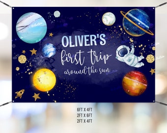 Editable Outer Space Backdrop Banner | Personalized birthday banner First Trip Around the Sun | Blue Gold Galaxy Boy Birthday Banner SP105