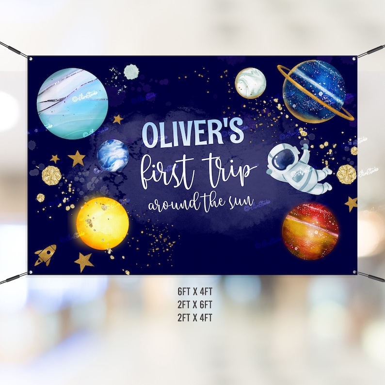 Editable Outer Space Backdrop Banner Personalized birthday banner First Trip Around the Sun Blue Gold Galaxy Boy Birthday