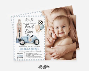 Fast One födelsedagspojke, Racerbilsfödelsedagsinbjudan, Blå bils födelsedagsfest, Veteranbils första födelsedag, Racingfödelsedagsfest CA78