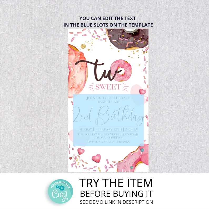 Two Sweet Birthday Invitation Girl Smartphone Electronic Invitation Donut Birthday Invitation Digital Electronic invite