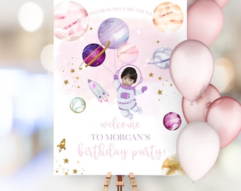 Space Birthday Decorations Welcome Sign Personalized with Photo DIGITAL FILE | First Trip Around the Sun Sign Pink Space Birthday SP63