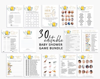 May include: A set of 30 printable baby shower game cards featuring a beer bottle with a floral design and gold accents. The games include "How Big is Her Belly Now?", "Finish the Nursery Rhyme", "What's in Your Diaper?", and more.