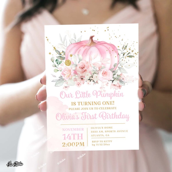 Editable Our Little Pumpkin Birthday Invitation, Pink Pumpkin First Birthday, Fall Birthday Girl All Ages Invite Printable Template P259