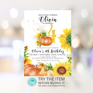Puede incluir: Una invitación imprimible para una fiesta de cumpleaños de 4 años con temática de otoño. La invitación presenta una calabaza, girasoles y el texto "Olivia's 4th Birthday".