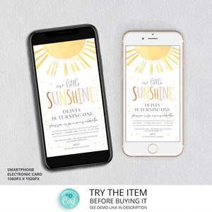 Our Little Sunshine Birthday Smartphone Invitation | First Trip Around The Sun Birthday Electronic Invite Digital Invite S48