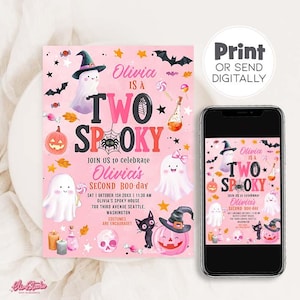 Two Spooky Birthday Girl Halloween Birthday Party Invites, 2nd Birthday Pink Ghost Party Invitation Template BOO23