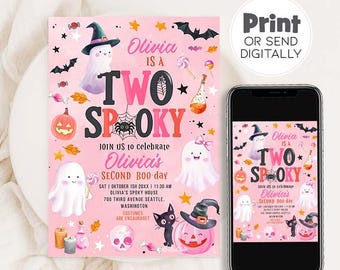 May include: A pink Halloween-themed invitation with the text "Olivia is a Two Spooky" and event details. The design includes ghosts, bats, pumpkins, and a black cat. A smartphone displays the same invitation.