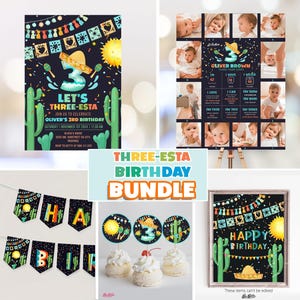 May include: A printable birthday party bundle with a fiesta theme. The bundle includes a birthday invitation, a banner, cupcake toppers, a sign, and a photo collage. The colors are black, green, red, yellow, and blue. The text on the invitation says "Let's Three-Esta Oliver's 3rd Birthday". The text on the sign says "Happy Birthday".