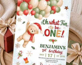 Fun Be One 1st Birthday Invitation Boy Digital Download, First Christmas Birthday, Winter First Birthday Boy / BW10