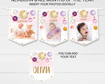 Editable Outer Space Birthday Banner, Monthly Photo Banner, Galaxy First Birthday Party Decorations Bunting Banner, Template Printable S230
