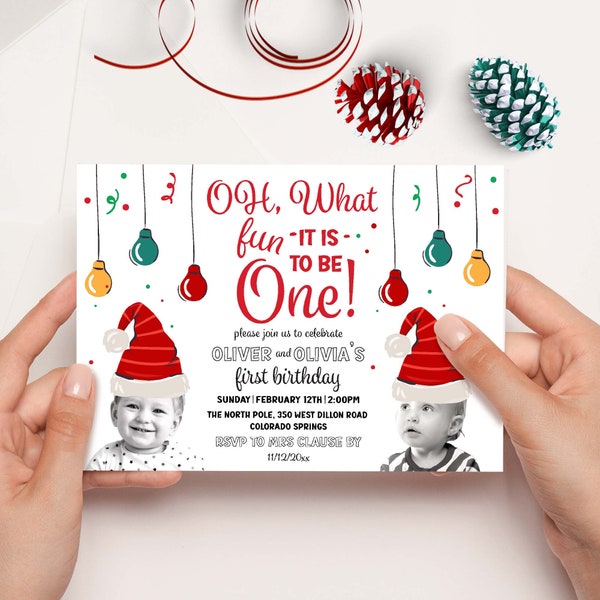 Oh What Fun it is To Be One Twins First Birthday Invitation Personalized with a Photo, DIGITAL FILE | Twins First Christmas