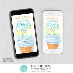 Ice Cream Birthday Smartphone Invitation | Ice Cream Party  Electronic Invitation Digital Summer Boy Birthday Invite /0290