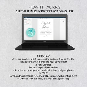 Peut inclure: Un &eacute;cran d'ordinateur portable affiche un mod&egrave;le d'invitation de mariage avec le texte "Elizabeth & Simon" et un graphique d'engrenages avec le texte "Personnaliser avec Coril". Le texte "Comment &ccedil;a marche" et "Voir la description de l'article pour le lien de d&eacute;monstration" est affich&eacute; au-dessus de l'ordinateur portable.