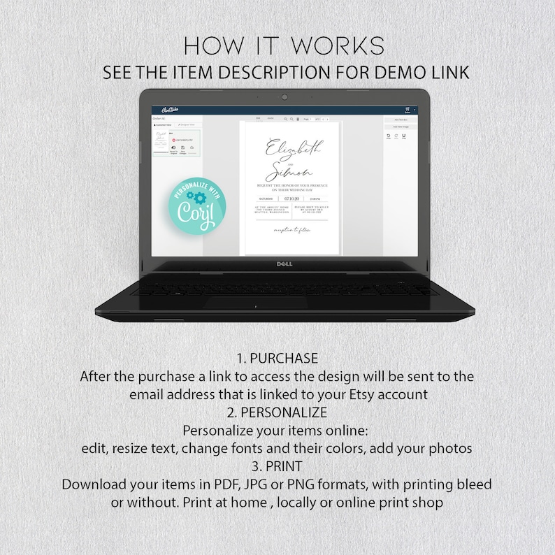 Peut inclure: Un &eacute;cran d'ordinateur portable affiche un mod&egrave;le d'invitation de mariage avec le texte "Elizabeth & Simon" et un graphique d'engrenages avec le texte "Personnaliser avec Coril". Le texte "Comment &ccedil;a marche" et "Voir la description de l'article pour le lien de d&eacute;monstration" est affich&eacute; au-dessus de l'ordinateur portable.
