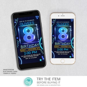 Neon Birthday Invite Boy 8th Birthday Smartphone Invitation Let&#39;s Glow Crazy Party Electronic Invite Template Corjl NE8