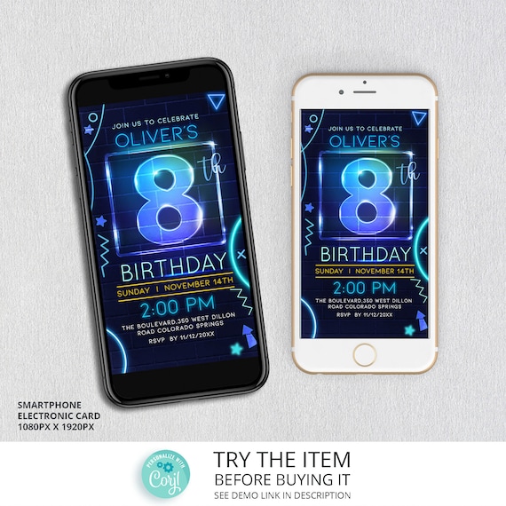 Neon Birthday Invite Boy 8th Birthday Smartphone Invitation Let's Glow Crazy Party Electronic Invite Template Corjl NE8