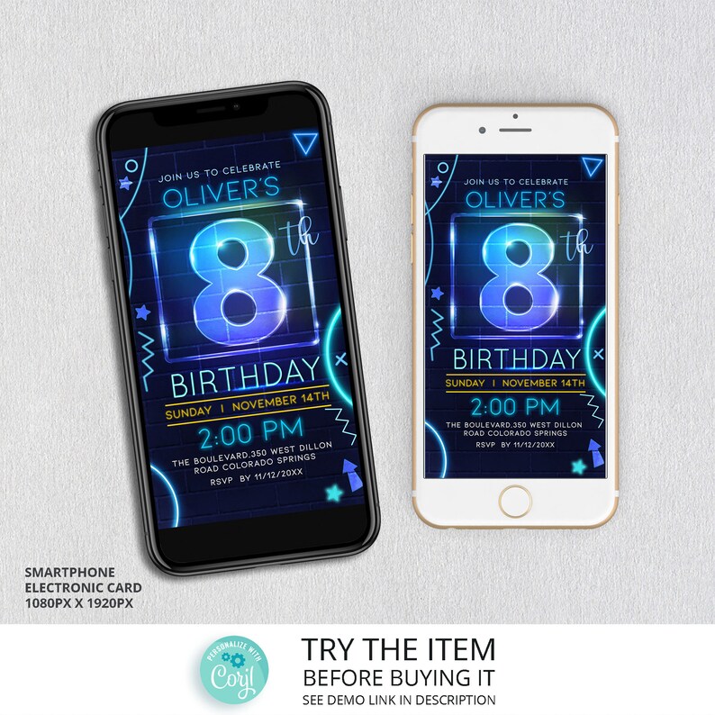 May include: A digital invitation for an 8th birthday party. The invitation is designed in a retro neon style with a blue and yellow color scheme. The invitation features the number 8 in a glowing neon effect, the words "Oliver's Birthday", and the date and time of the party. The invitation is displayed on a smartphone screen.
