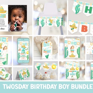 TWOsday Birthday, Fiesta 2nd Birthday Boy Invitation Bundle | Taco TWOsday Bundle Second Birthday Decorations  F143